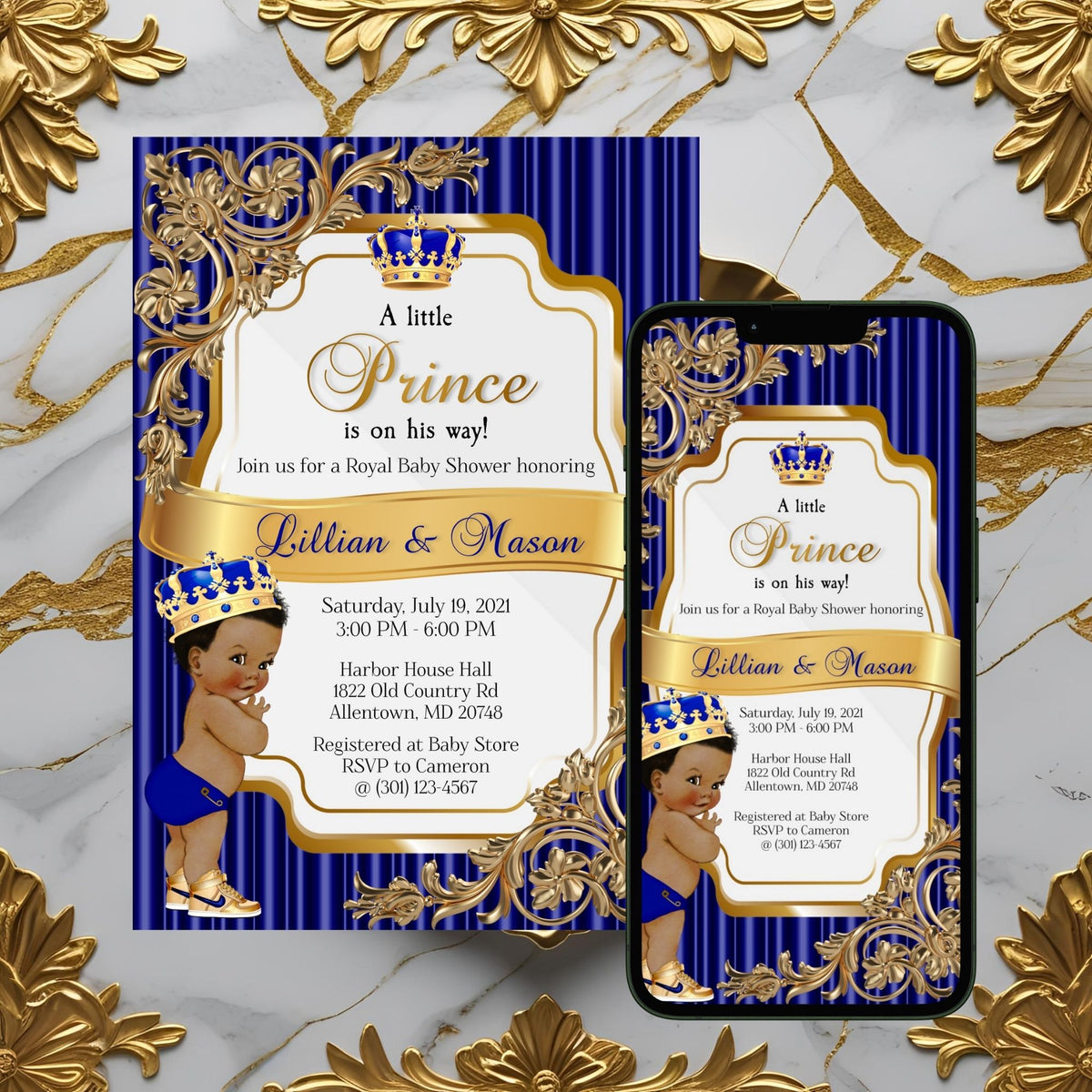 Royal Blue and Gold Digital Printable Little Prince Baby Shower Invite