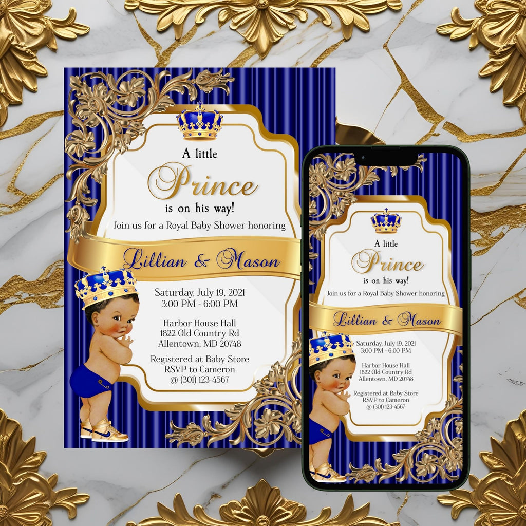 Royal Blue and Gold Digital Printable Little Prince Baby Shower Invite