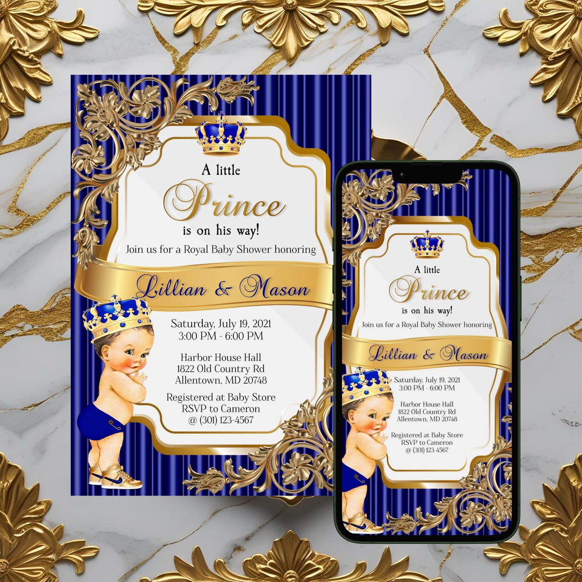 Royal Blue and Gold Digital Printable Little Prince Baby Shower Invite