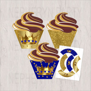 Little Prince Printable Cupcake Toppers & Wrappers - Royal Blue, Gold