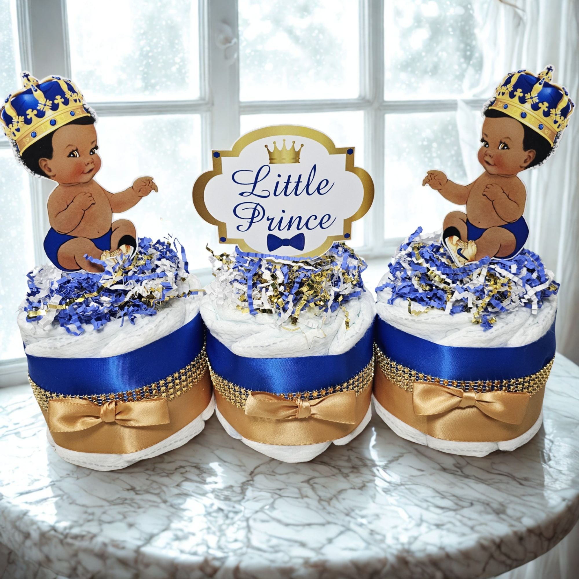 Little Prince Mini Diaper Cake Centerpiece, Royal Blue \u0026 Gold, image size:2000x2000