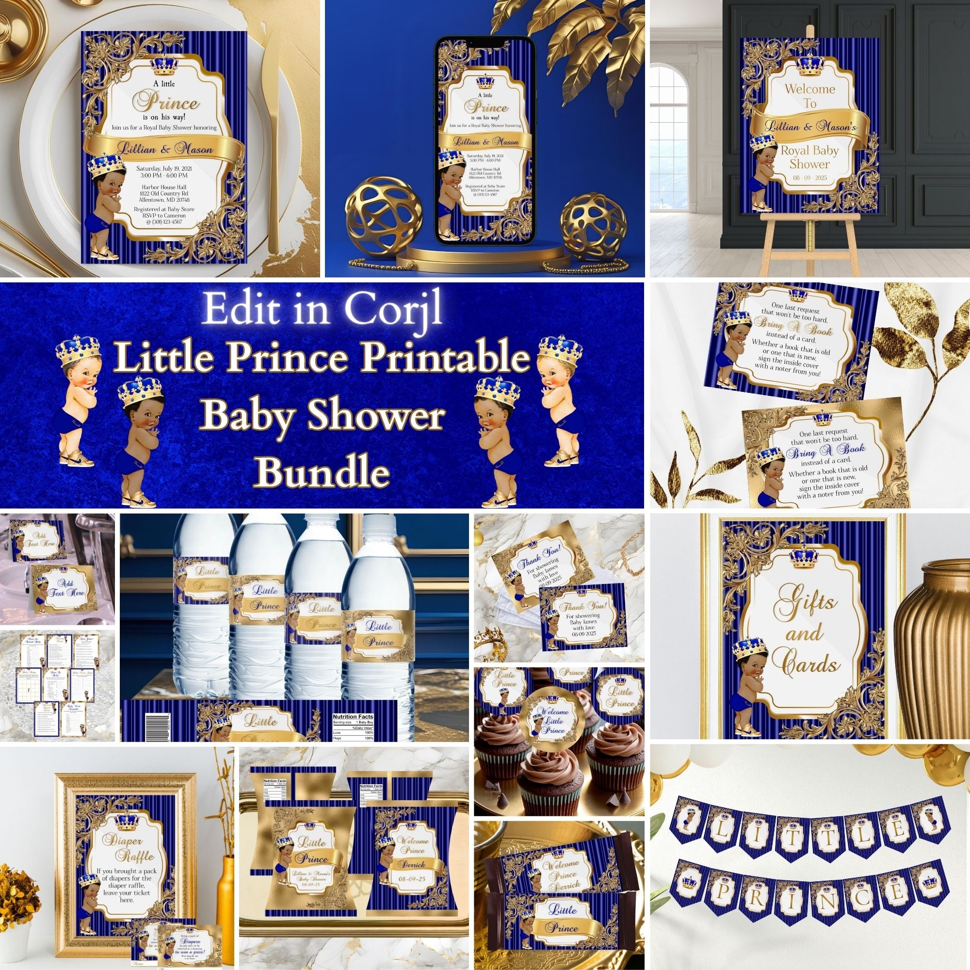 Little Prince Baby Shower Bundle, Royal Blue and Gold| Nepheryn Party