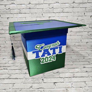 Royal Blue, Green, & White Grad Card Box, Style 5