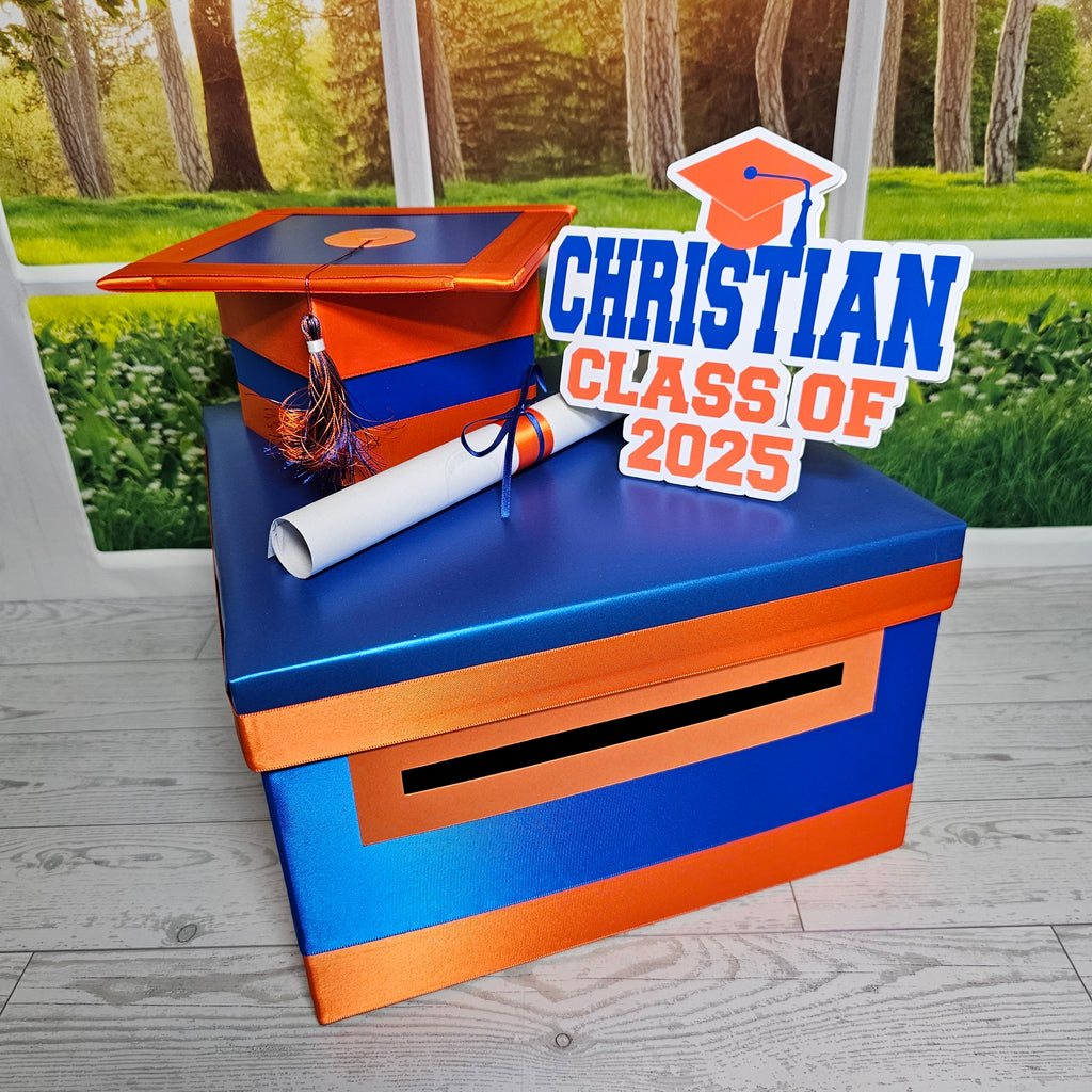 Royal Blue and Orange Graduation Card Box, 10x10x6