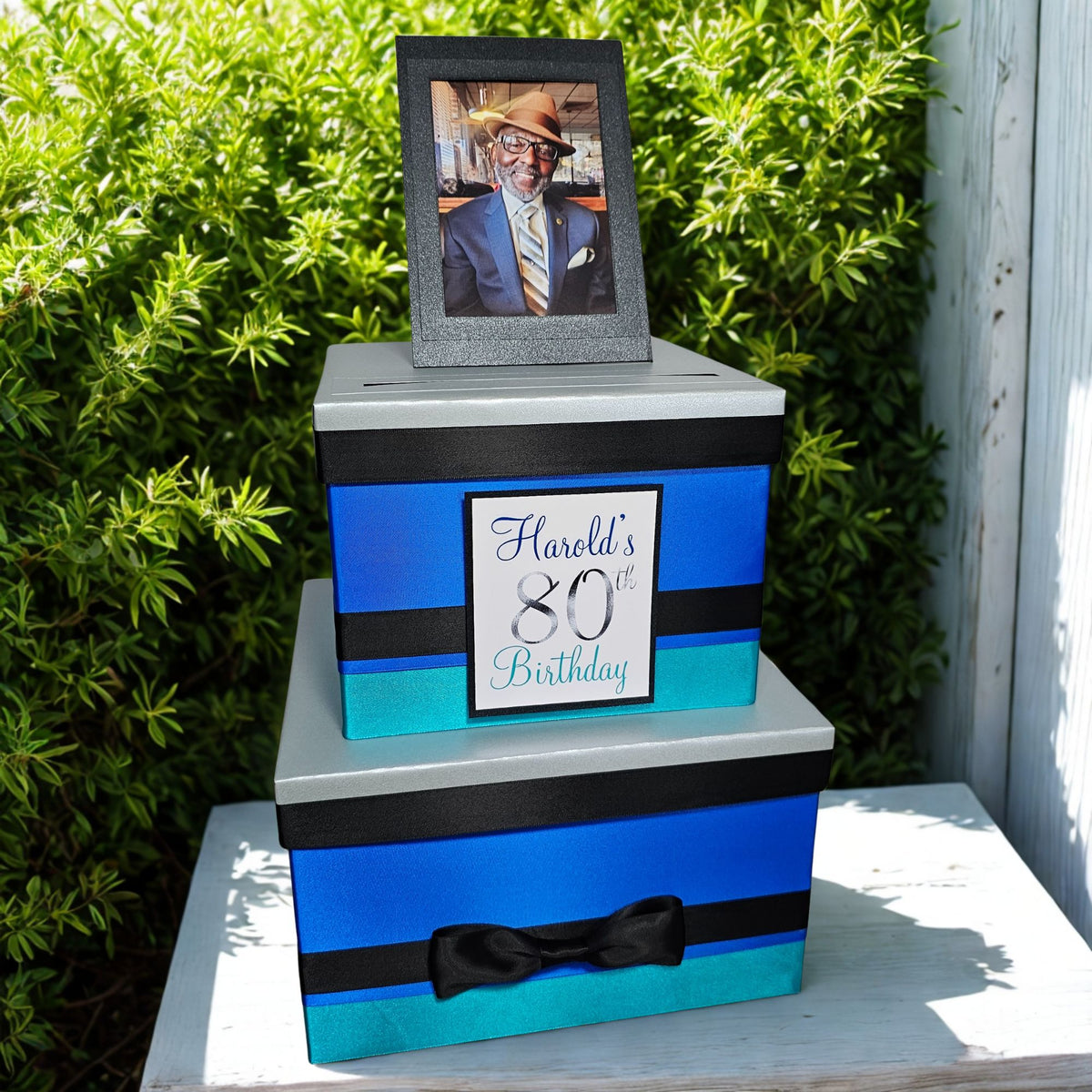 Birthday Card Box, Royal Blue, Teal, Black, Silver