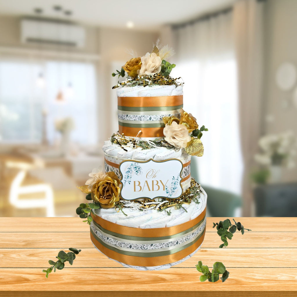 Sage and Gold Eucalyptus Diaper Cake Centerpiece