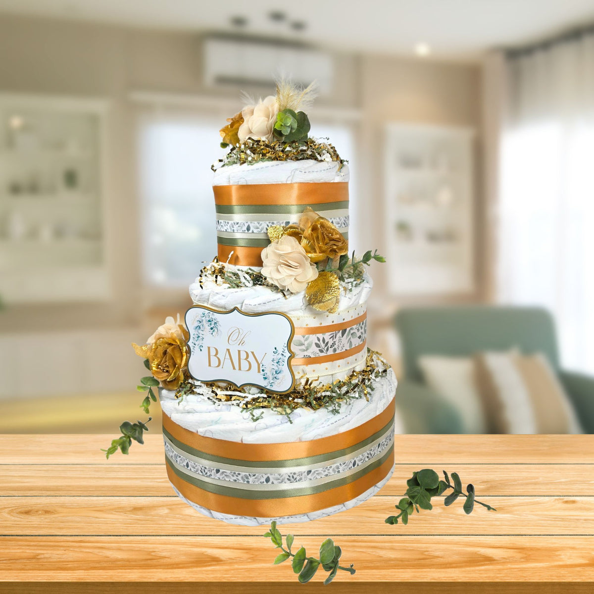 Sage and Gold Eucalyptus Diaper Cake Centerpiece