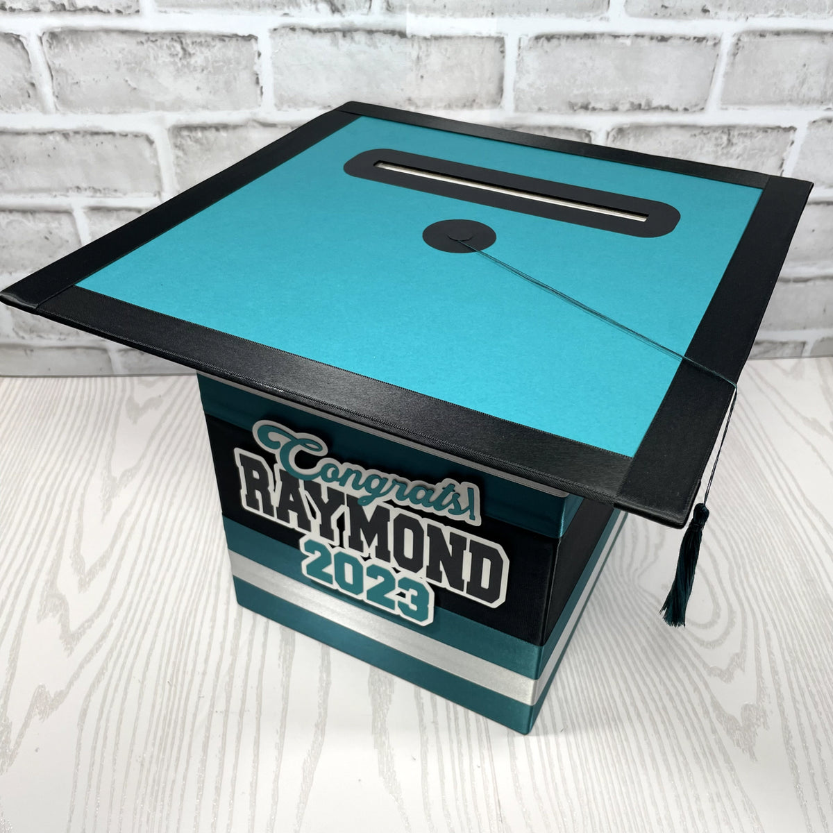 Graduation Cap Card Box - Teal, Black, Silver 8x8