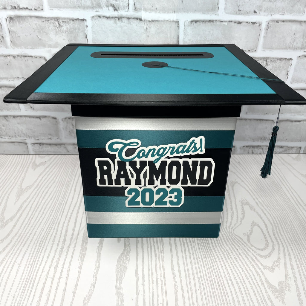 Graduation Cap Card Box - Teal, Black, Silver 8x8