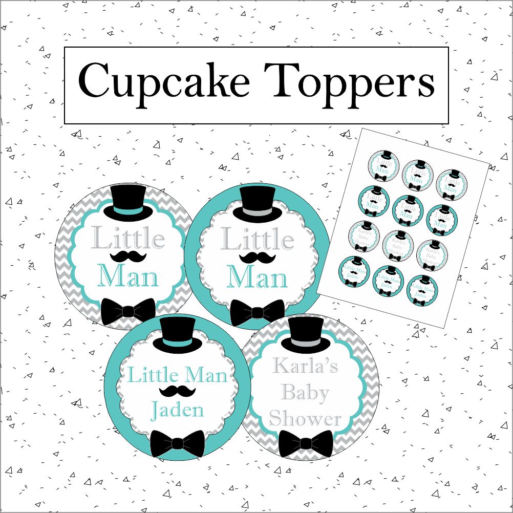 Printable Little Man Cupcake Toppers - Teal, Gray