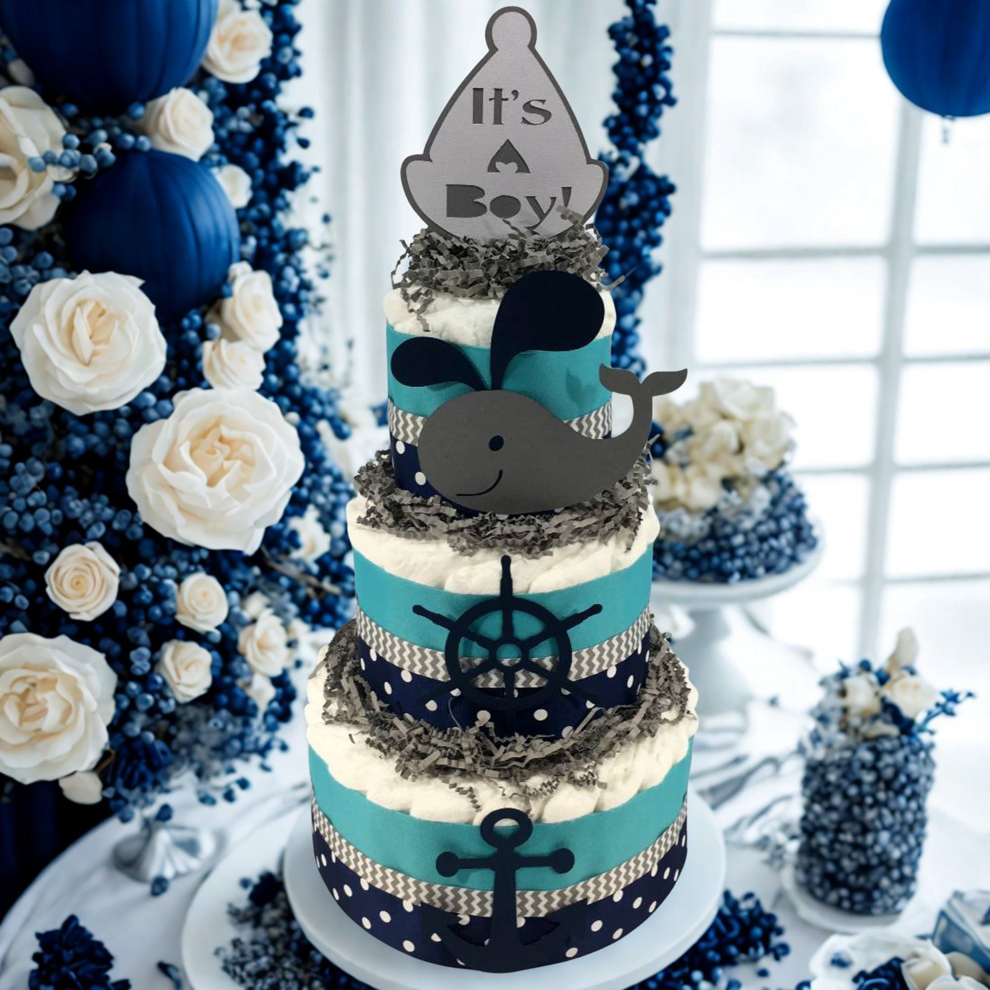 Nautical Whale Boy Diaper Cake Centerpiece, image size:2000x2000