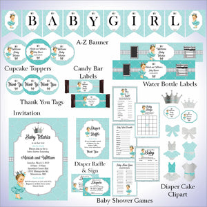 Teal and Silver Little Princess Baby Shower Decorations, Brunette