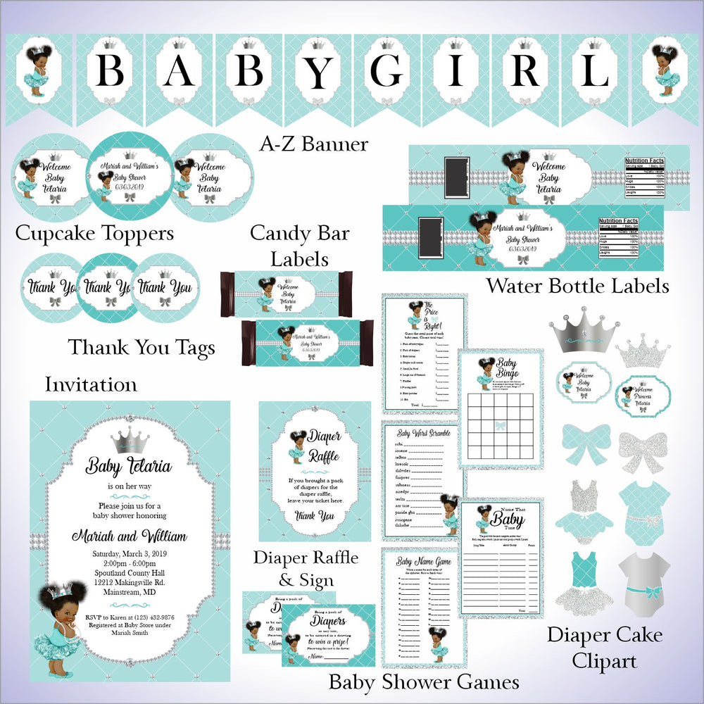 Teal and Silver Little Princess Baby Shower Decorations, Curly