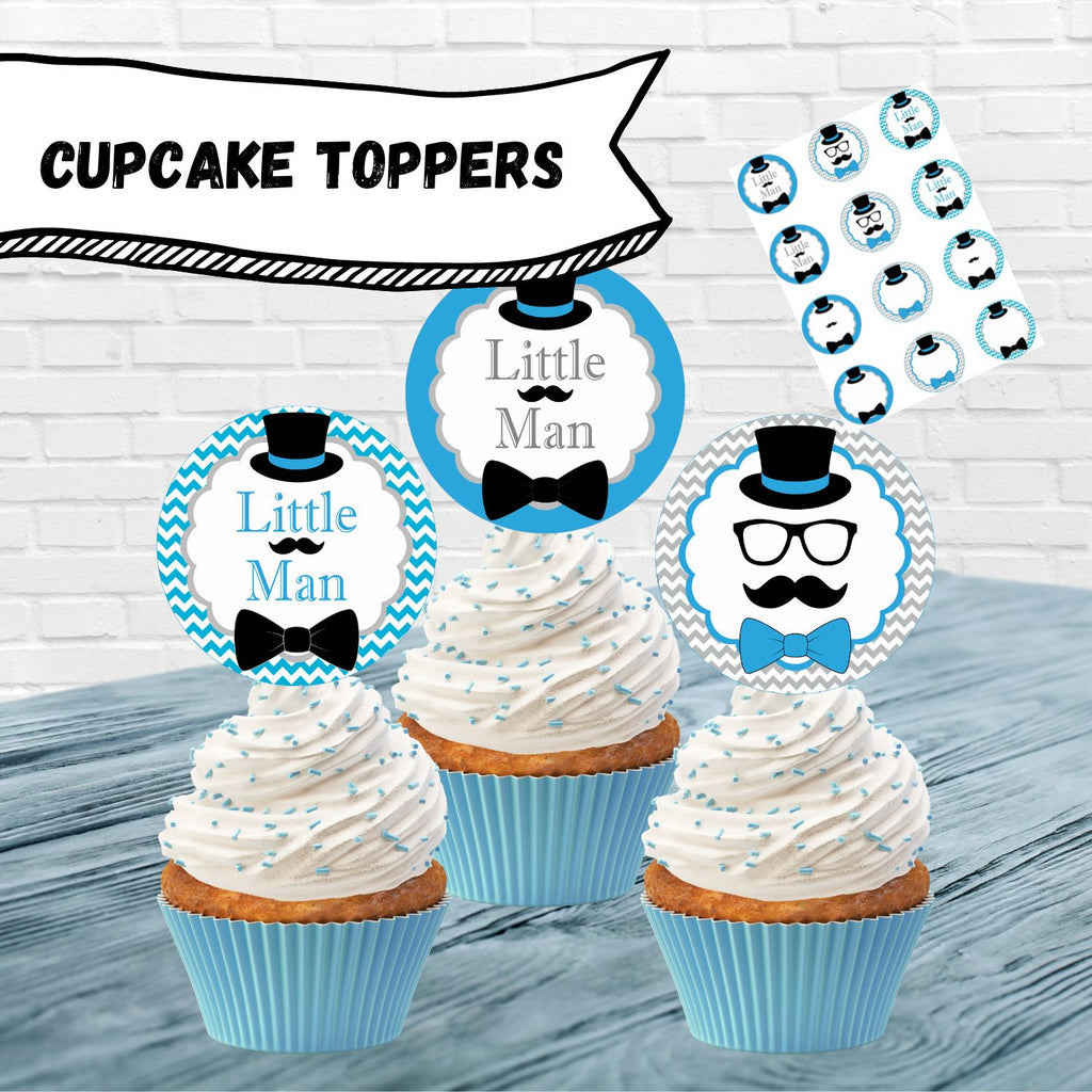 Turquoise, Gray & Black Little Man Cupcake Toppers