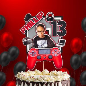 Red and Black Video Gamer 3D Birthday Photo Cake Topper