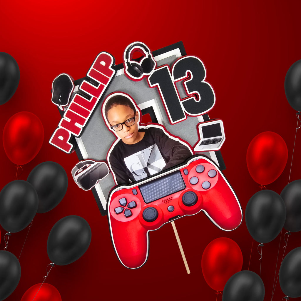 Red and Black Gaming 3D Birthday Photo Cake Topper