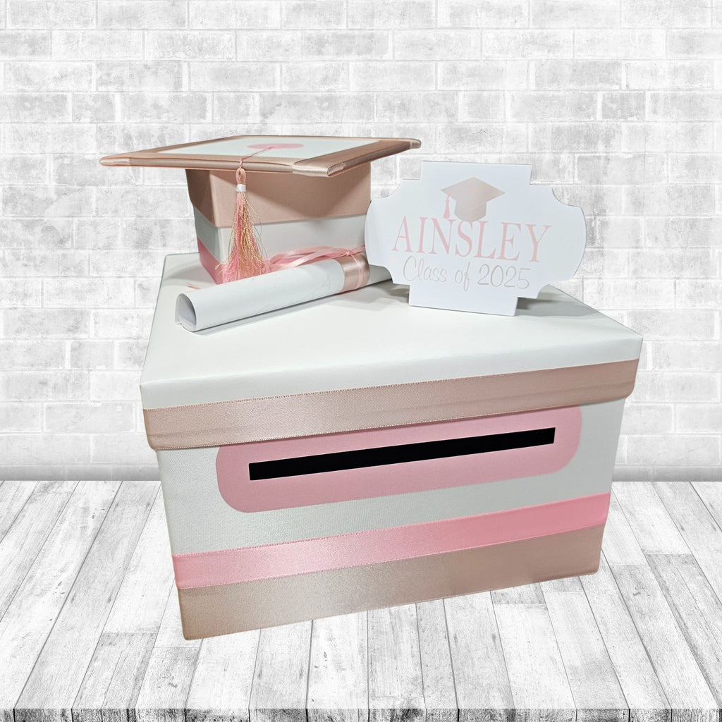 White, Champagne, and Pink Graduation Card Box