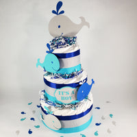 Teal, Blue, and Gray Whale Diaper Cake

