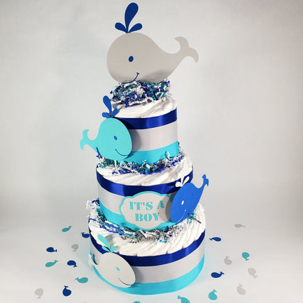 Teal, Blue, and Gray Whale Diaper Cake