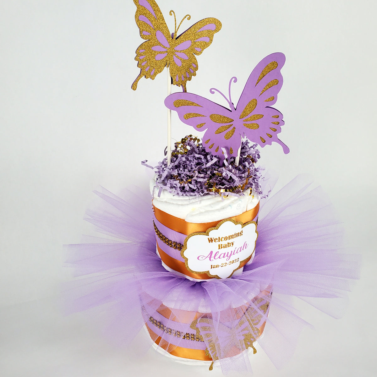 Lavender & Gold Butterfly Tutu Diaper Cake