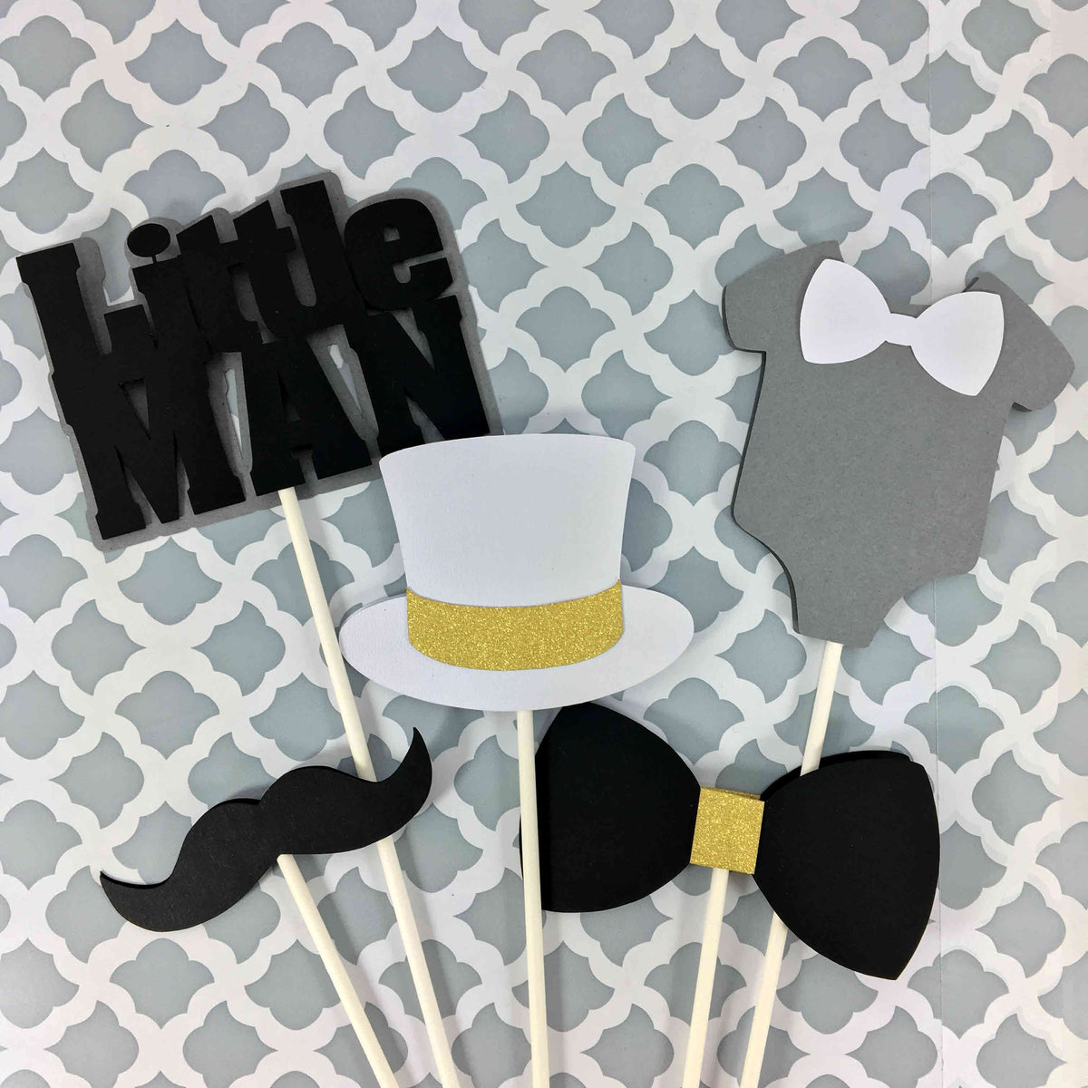 Little Man Centerpiece Sticks - Black, White, Gray, Gold