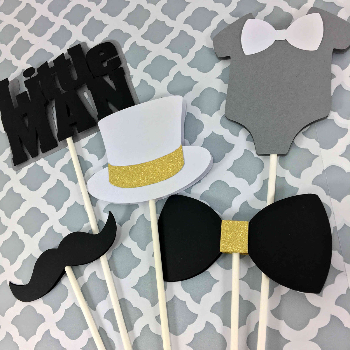 Little Man Centerpiece Sticks - Black, White, Gray, Gold