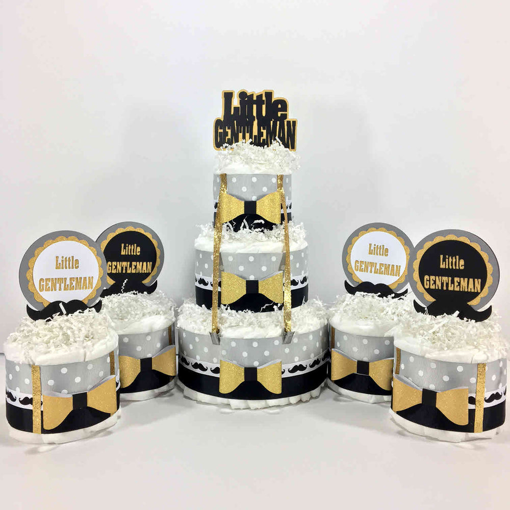 Black, Gray, & Gold Little Gentleman Diaper Cake Centerpiece