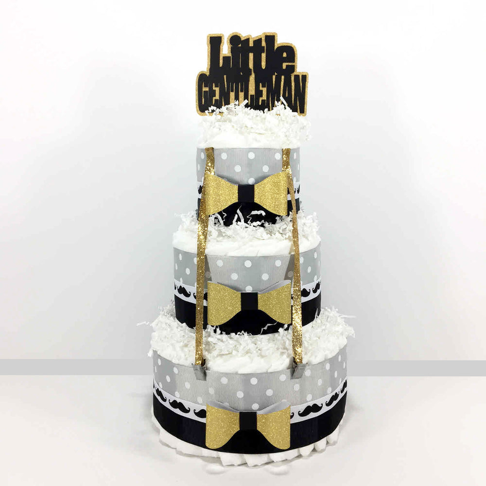 Black, Gold, & Gray Little Gentleman Diaper Cake Centerpiece
