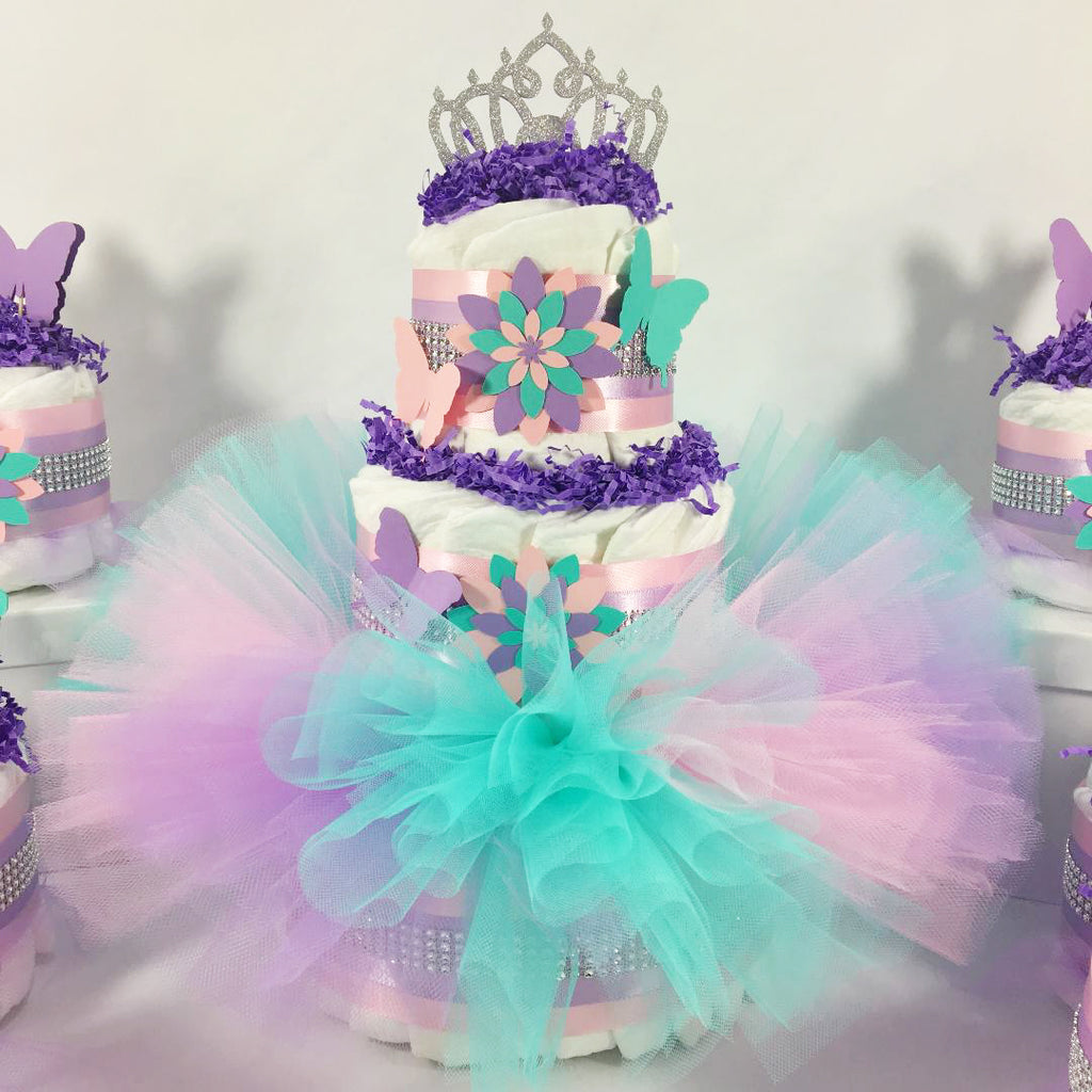 Lavender, Pink, & Teal Butterfly Tutu Diaper Cake