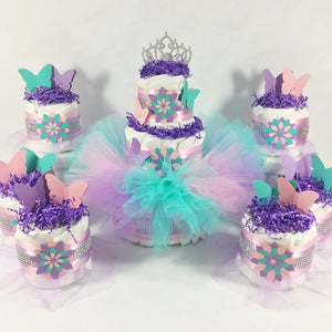 Lavender, Pink, and Teal Butterfly Tutu Diaper Cake Set