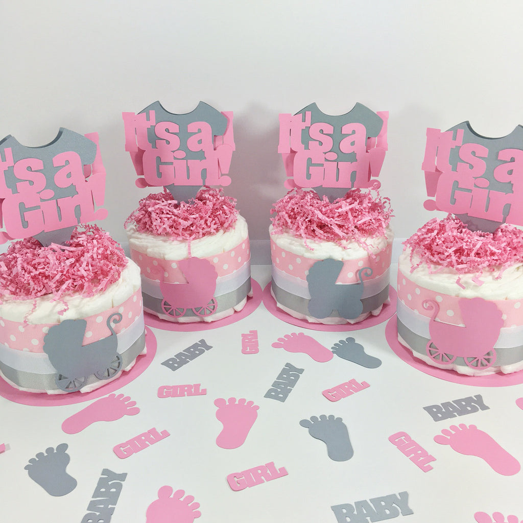 Pink & Gray It's A Girl Small Diaper Cake Centerpieces