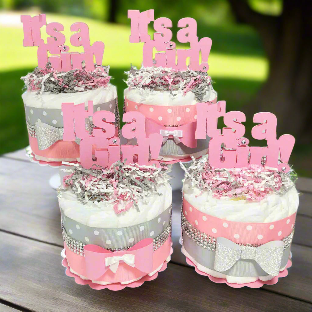 Pink and Gray It's A Girl 1-Tier Diaper Cake Centerpiece Set
