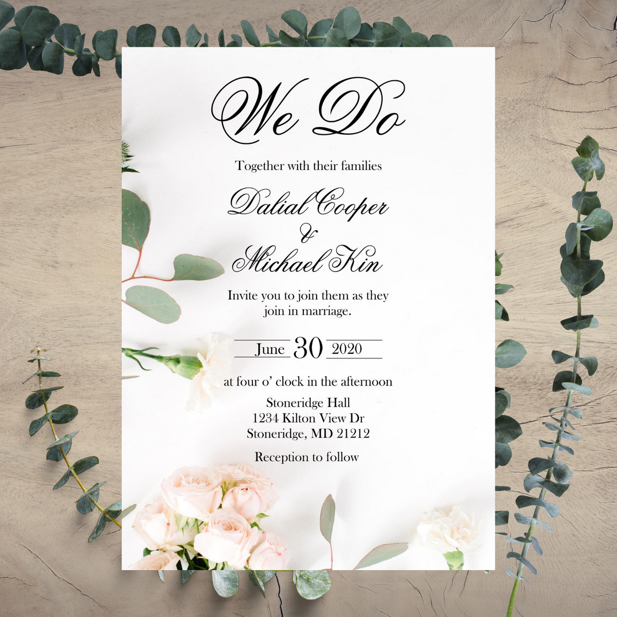 Eucalyptus & Blush Rose Wedding Invitation