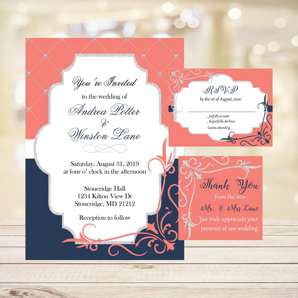 Coral, Navy & Silver Wedding Invitation Set