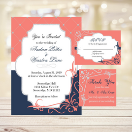 Coral, Navy & Silver Wedding Invitation Set