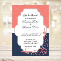 Coral, Navy & Silver Wedding Invite