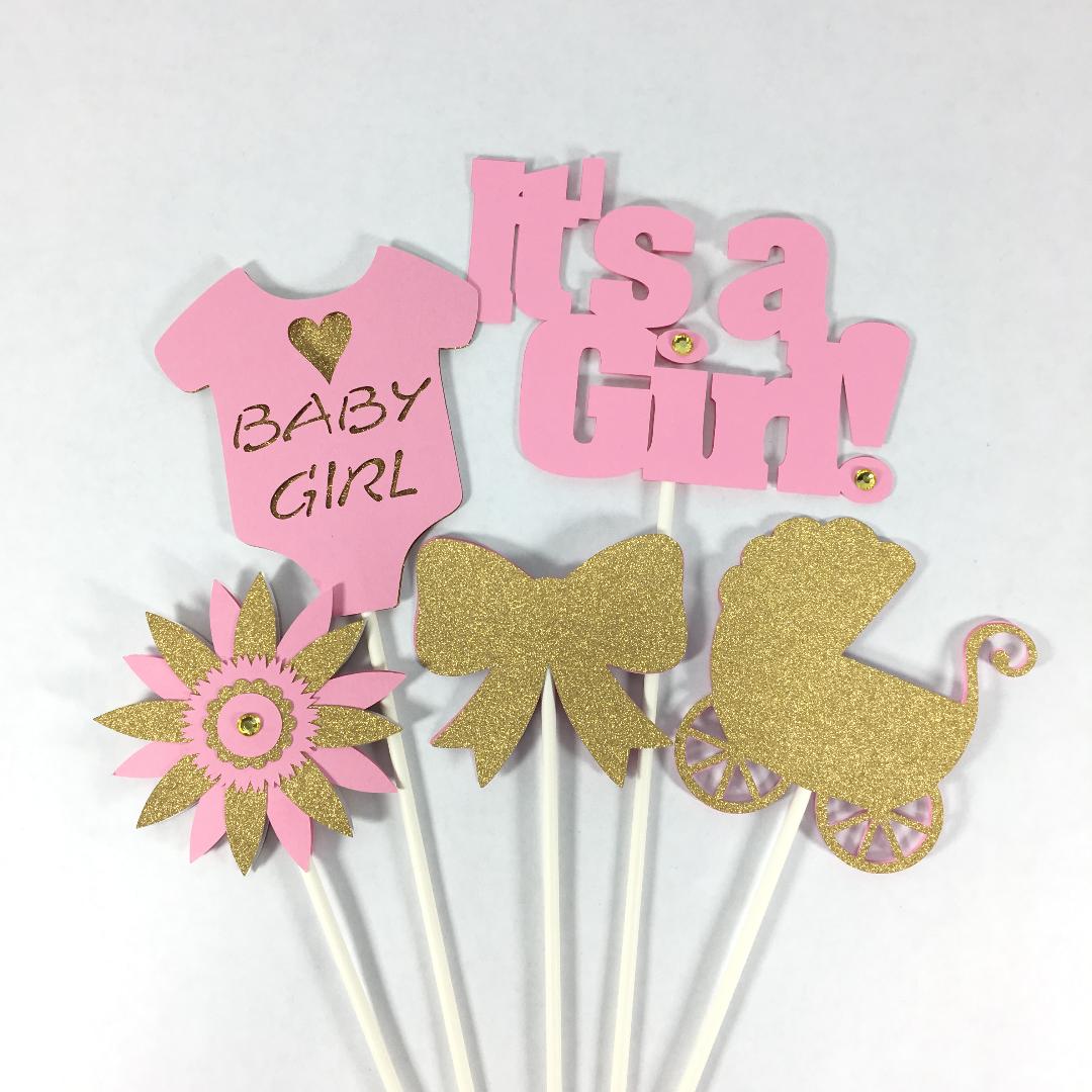 It's A Girl Centerpiece Sticks, Pink, Gold