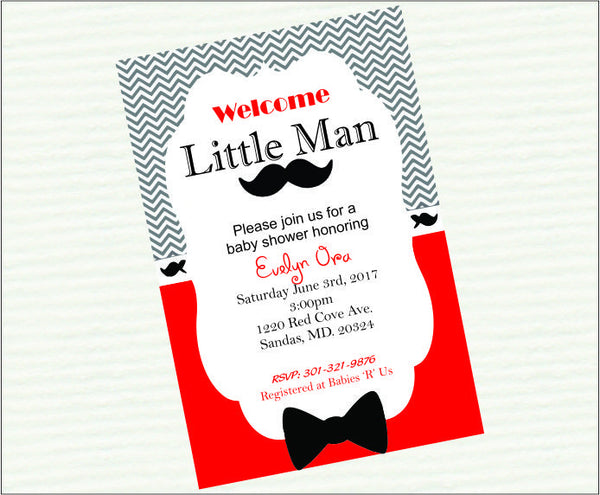 Red & Black Little Man Baby Shower Invitation