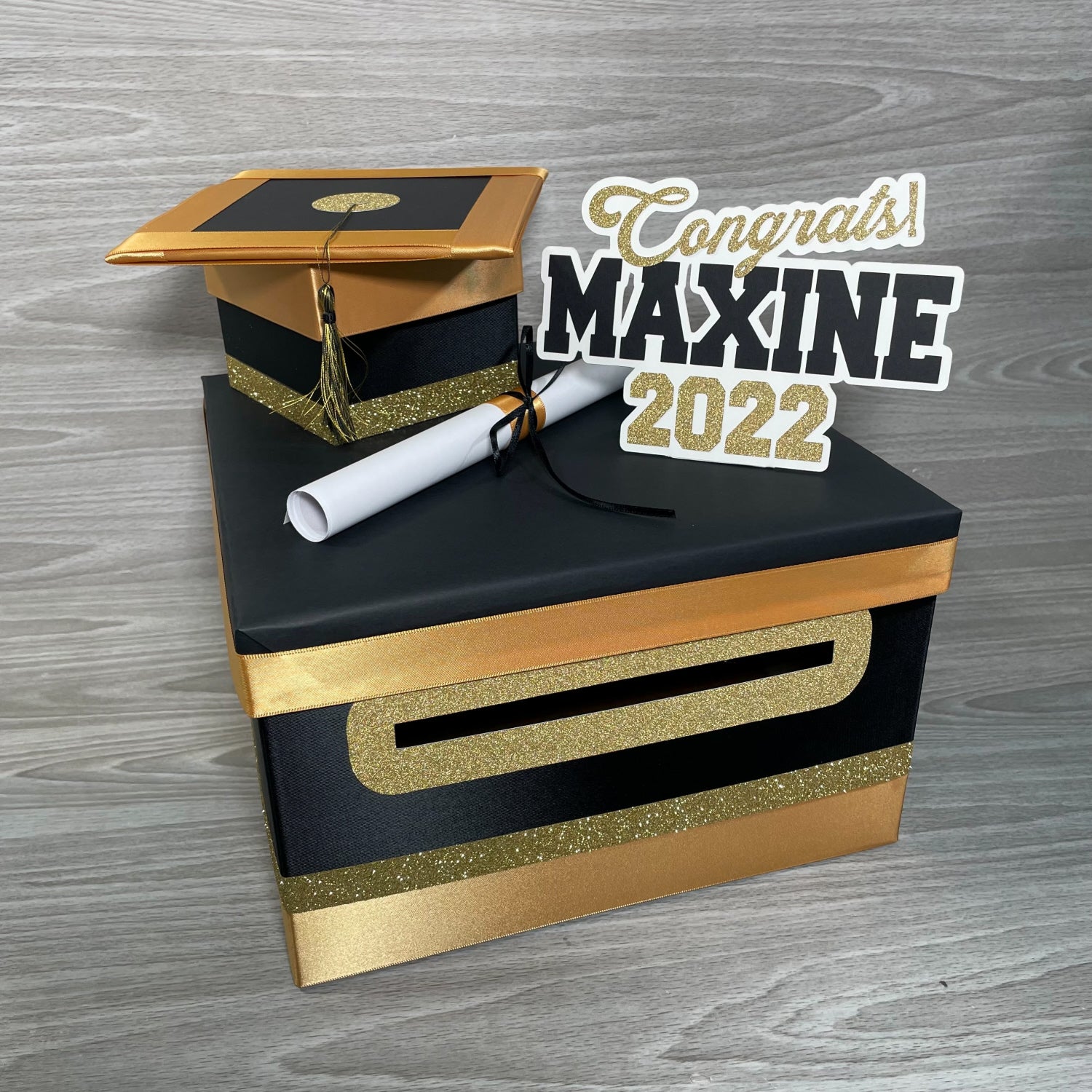Graduation Card Box - Black, Old Gold 10x10 | Nepheryn Party