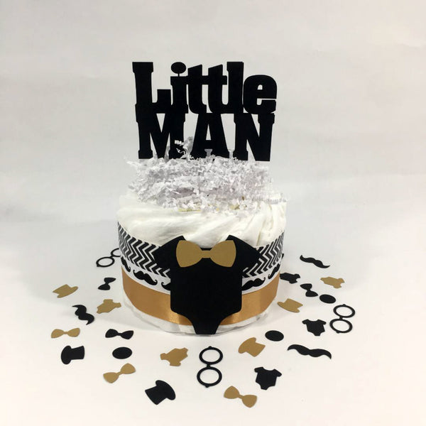 Black and Gold Little Man Diaper Cake Centerpiece