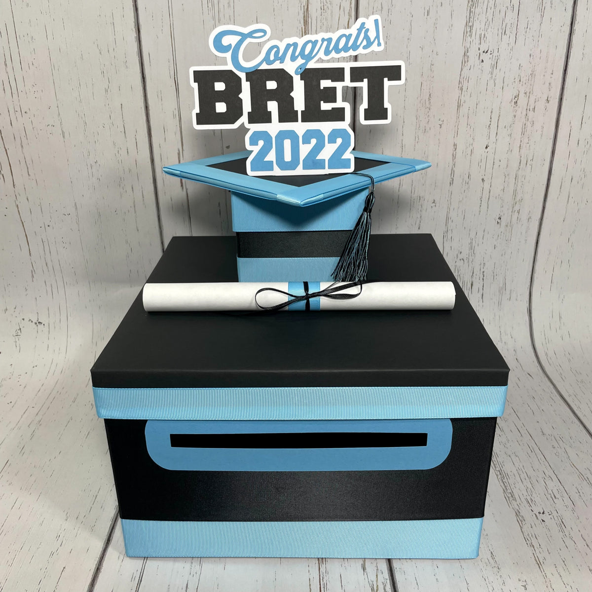Graduation Card Box - Black, Light Blue 10x10