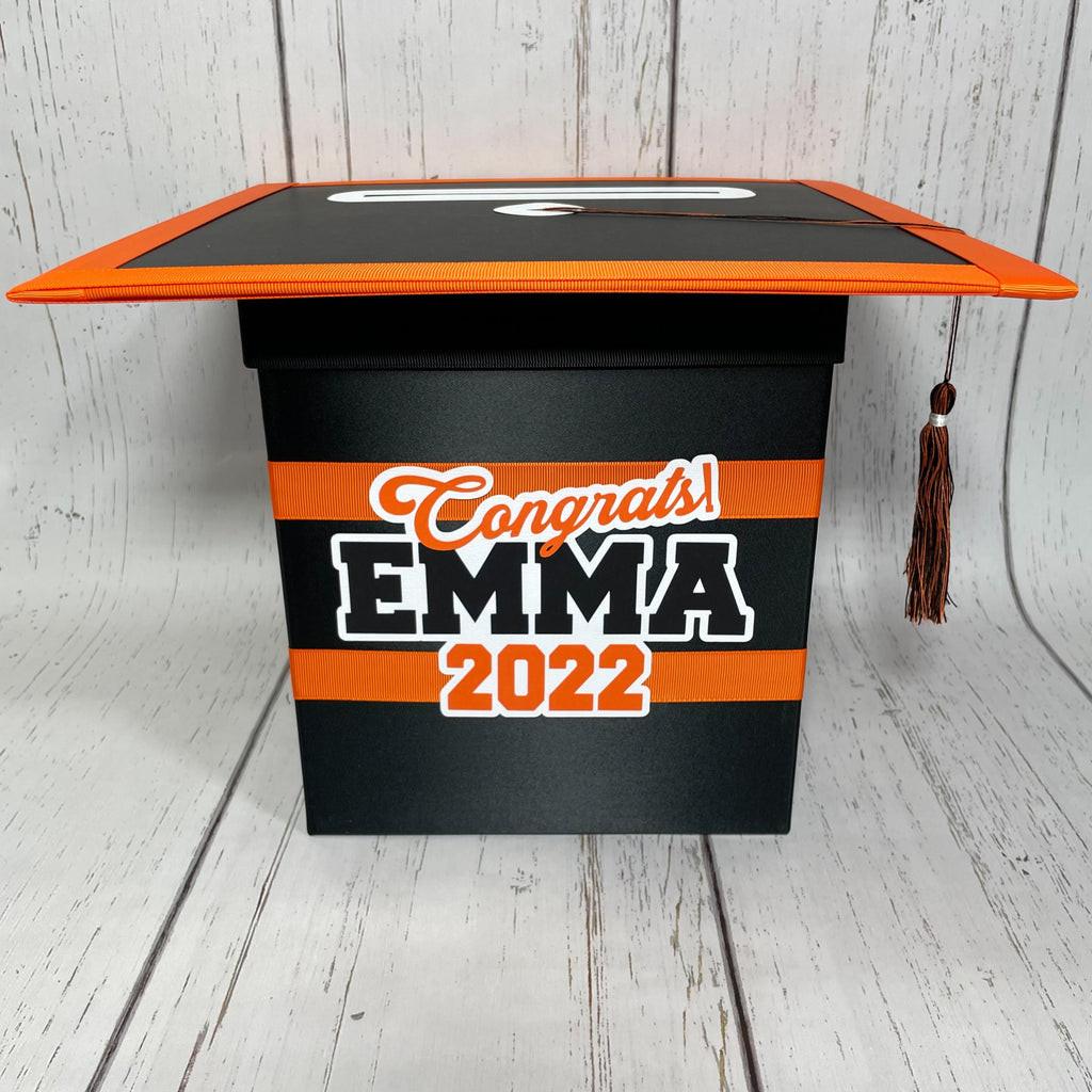 Graduation Cap Card Box - Black, Orange 8x8 8x8 Style 2