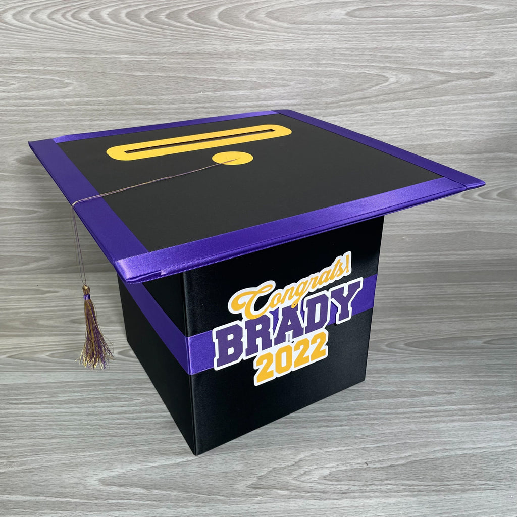 Graduation Cap Card Box - Black, Purple, Yellow Gold 8x8 Style 4