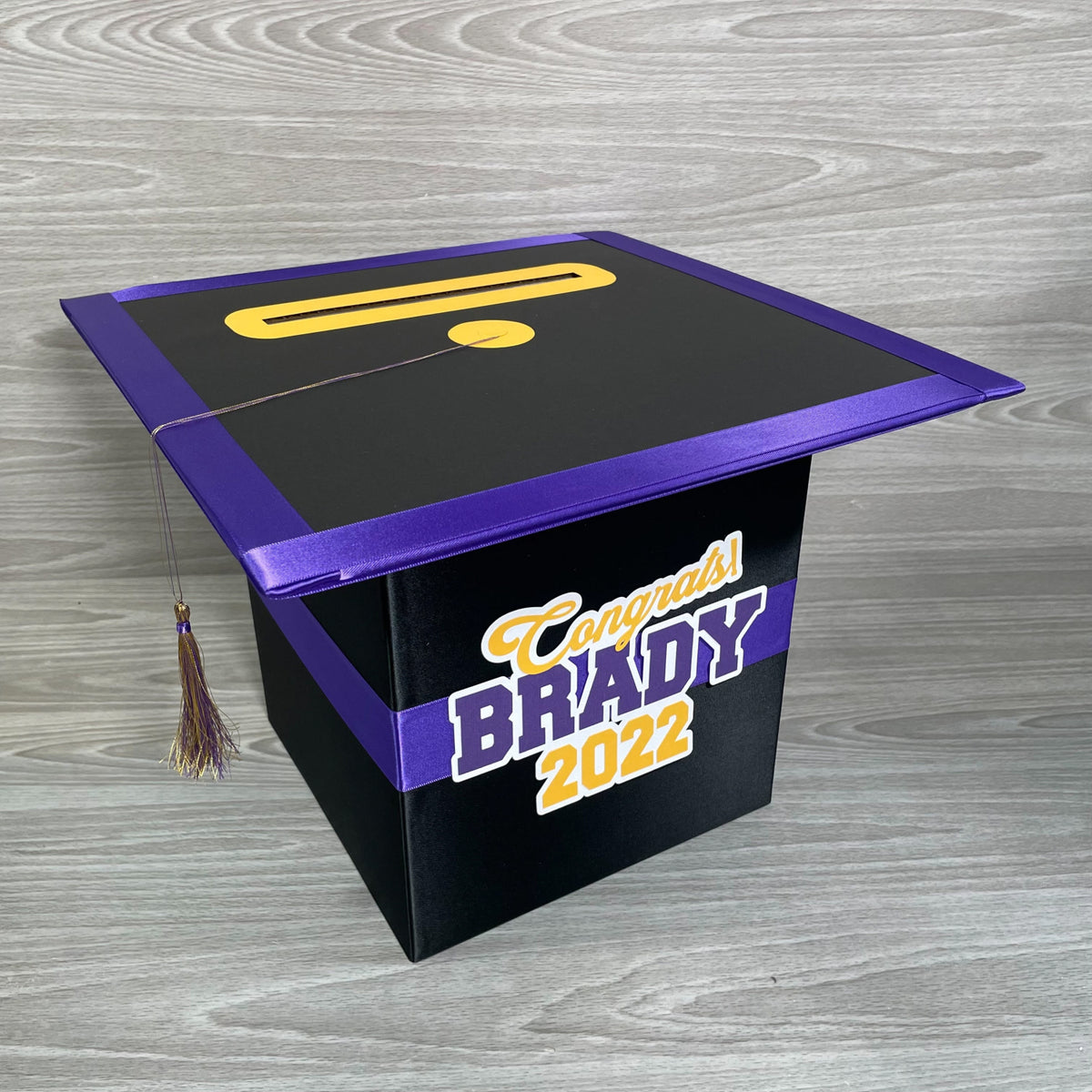 Graduation Cap Card Box - Black, Purple, Yellow Gold 8x8 Style 4