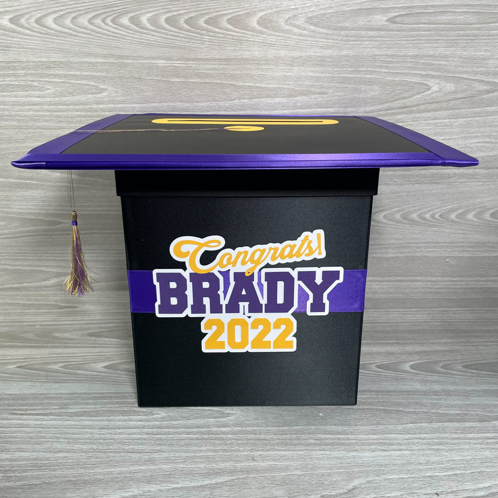 Graduation Cap Card Box - Black, Purple, Yellow Gold 8x8 Style 4