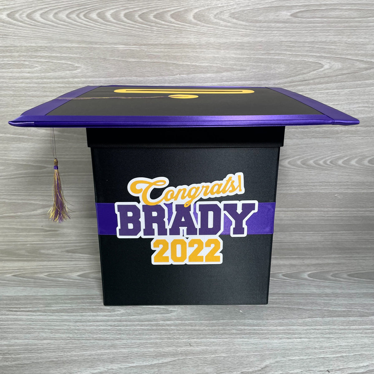 Graduation Cap Card Box - Black, Purple, Yellow Gold 8x8 Style 4