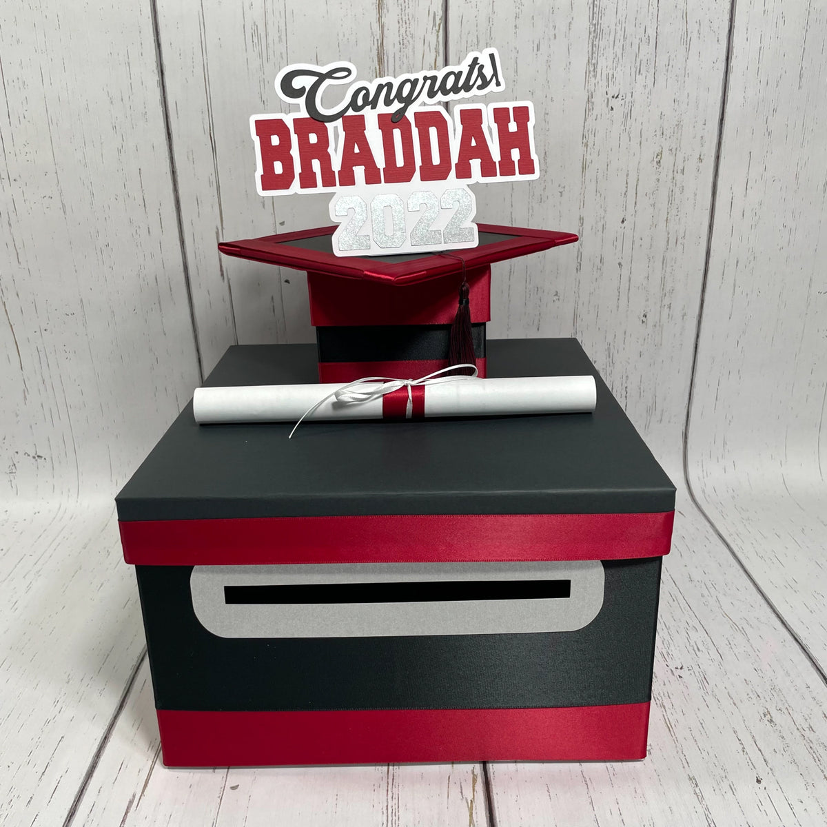 Graduation Card Box - Black, Scarlet, Gray 10x10