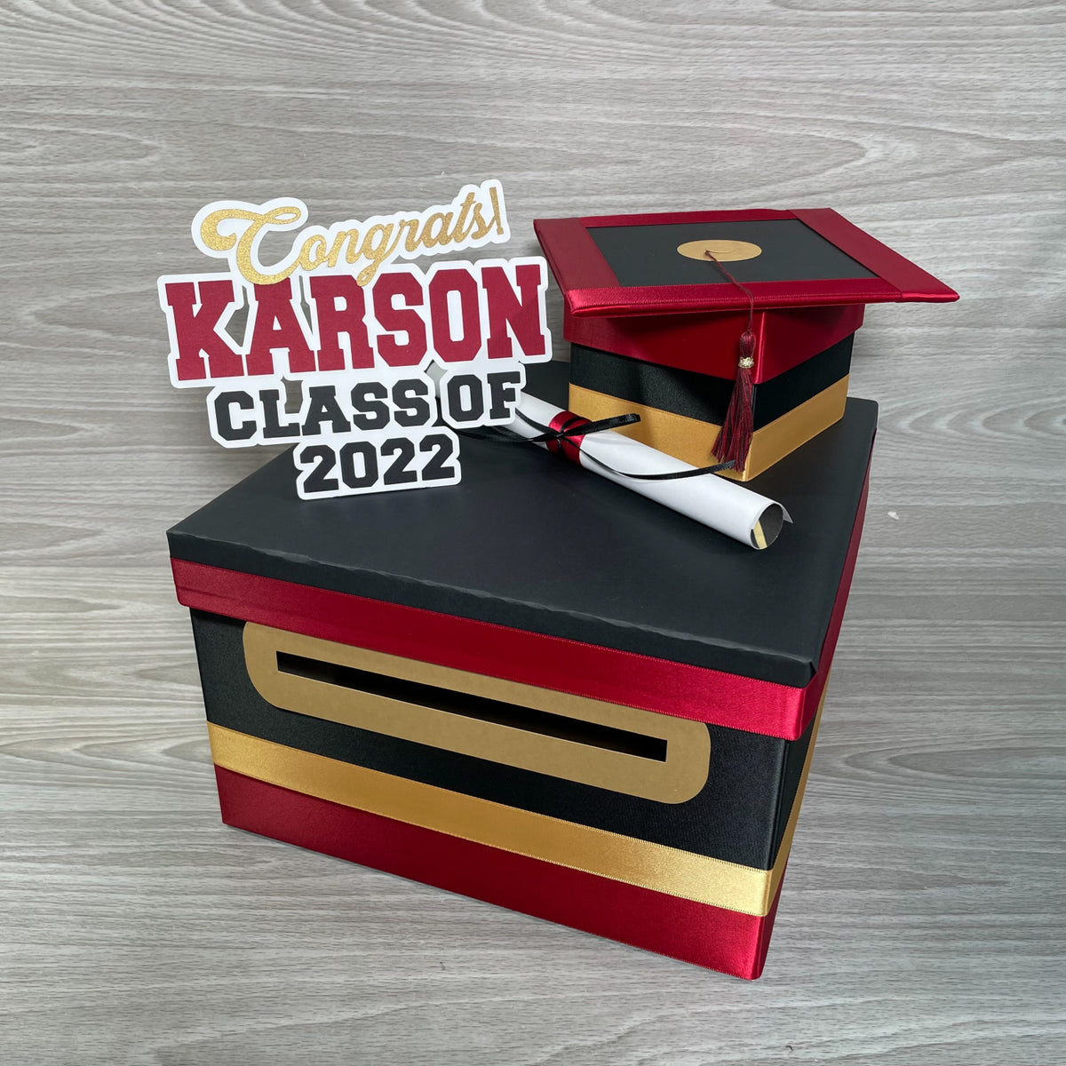 Graduation Card Box - Black, Scarlet, Old Gold 10x10