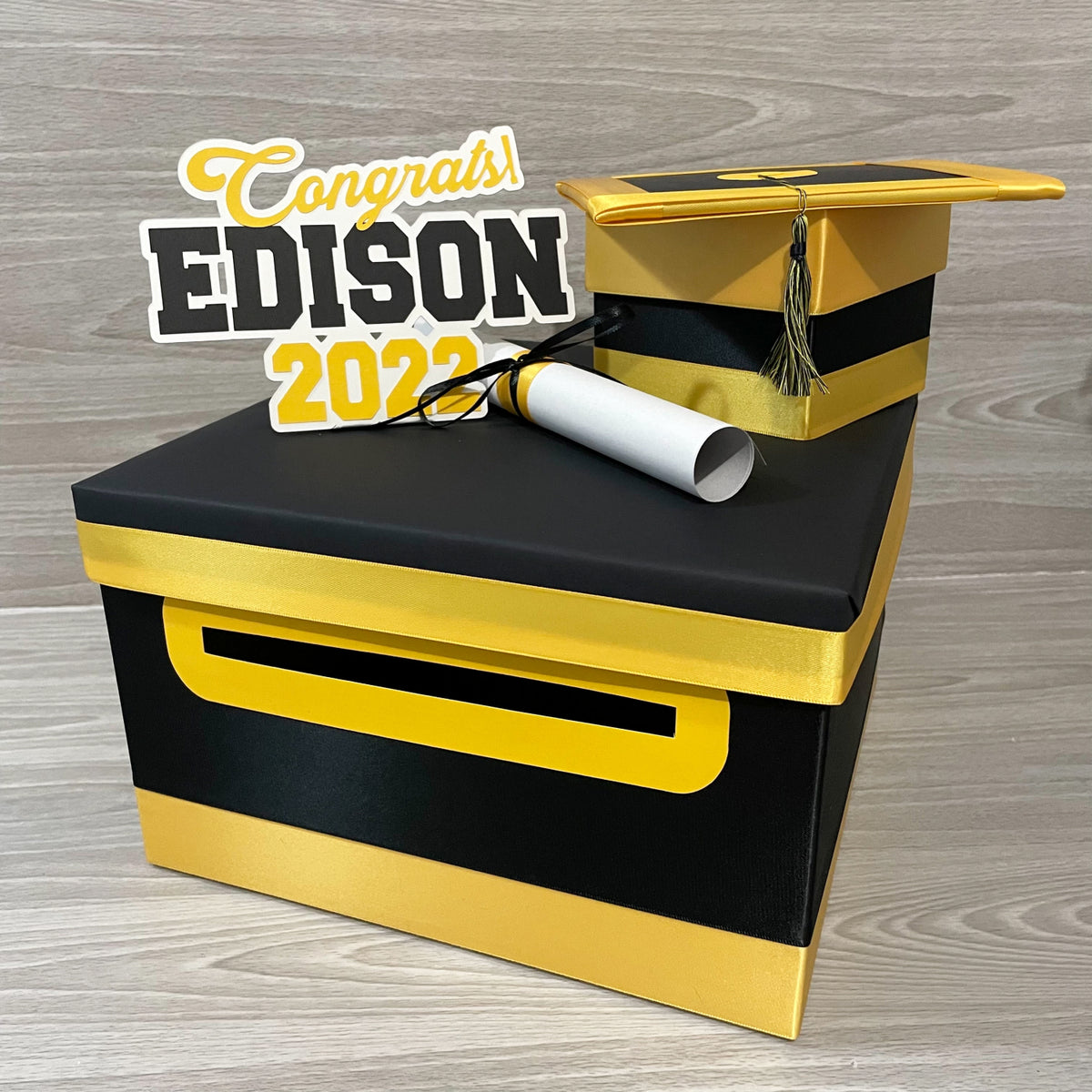Graduation Card Box - Black, Yellow Gold 10x10
