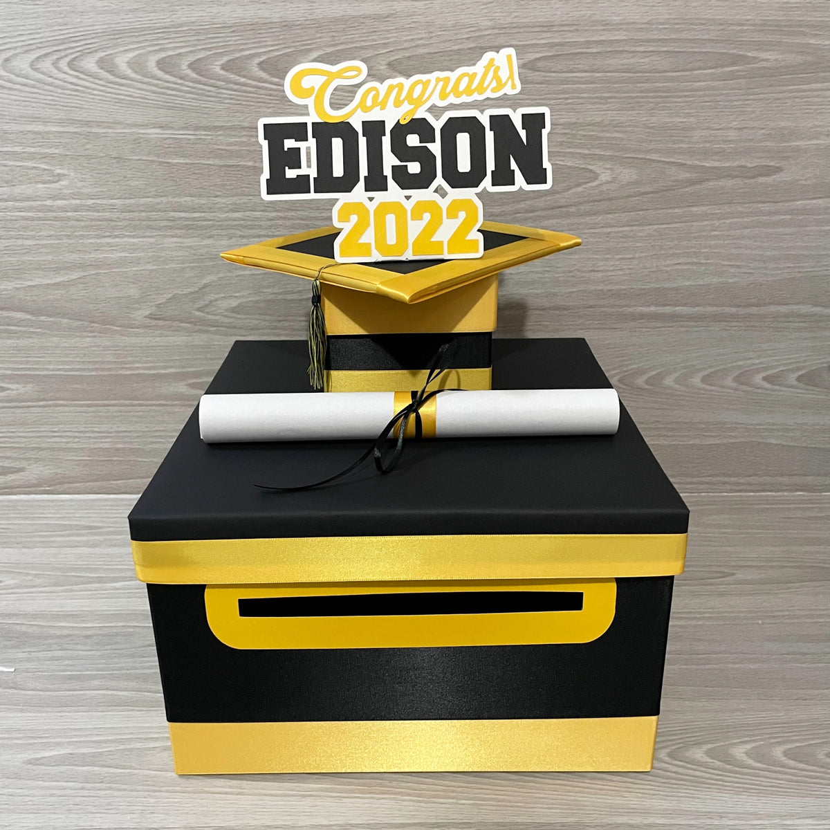 Graduation Card Box - Black, Yellow Gold 10x10